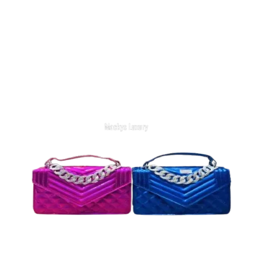 IMG_2529 Glossy Chevron Quilted Envelope Clutch with Rhinestone Chain Handle