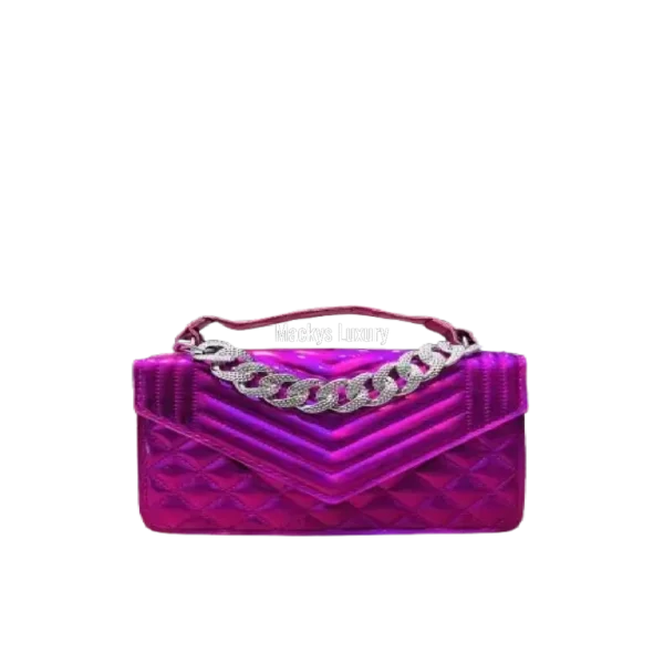 Glossy Chevron Quilted Envelope Clutch with Rhinestone Chain Handle