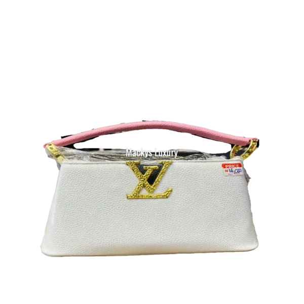 IMG_2609 Mini Structured Top Handle Crossbody Bag with Gold Monogram Accent (Variable Colours)