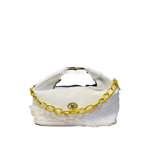 IMG_2676 Elegant White Woven Top Handle Handbag with Gold Chain