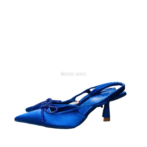 IMG_2991 Satin Pointed-Toe Slingback Heels with Crystal Bow Detail
