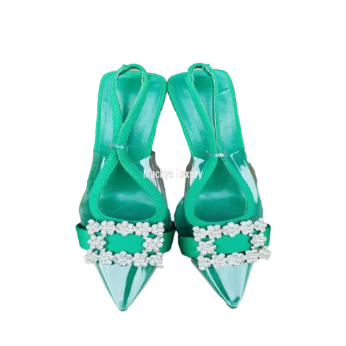 IMG_3015 Emerald Green Transparent Slingback Pointed-Toe Heels with Crystal Buckle
