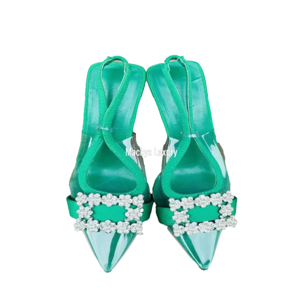 Emerald Green Transparent Slingback Pointed-Toe Heels with Crystal Buckle