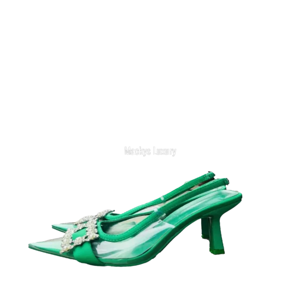 Emerald Green Transparent Slingback Pointed-Toe Heels with Crystal Buckle