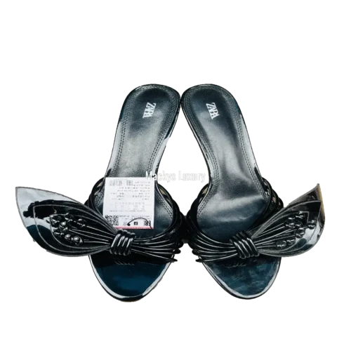 IMG_3018 Patent Mule Sandals with Beaded Bow Accent