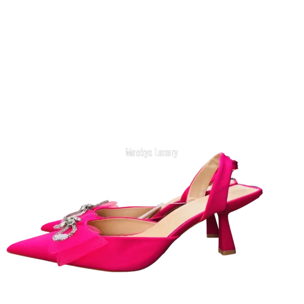 Satin Pointed-Toe Heels with Crystal Bow-Knot & Tulle Accent