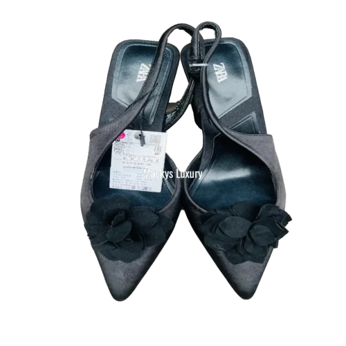 IMG_3102 Satin Pointed-Toe Slingback Heels with Fabric Flower Accent