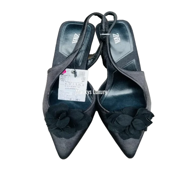 IMG_3102 Satin Pointed-Toe Slingback Heels with Fabric Flower Accent