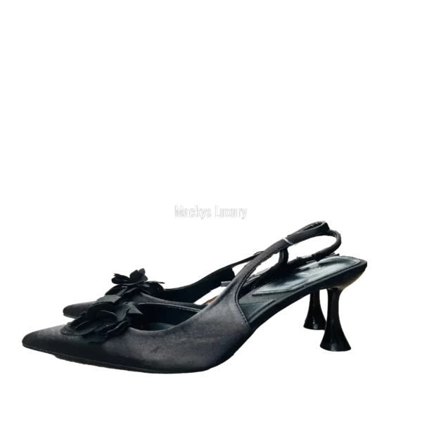 IMG_3104 Satin Pointed-Toe Slingback Heels with Fabric Flower Accent