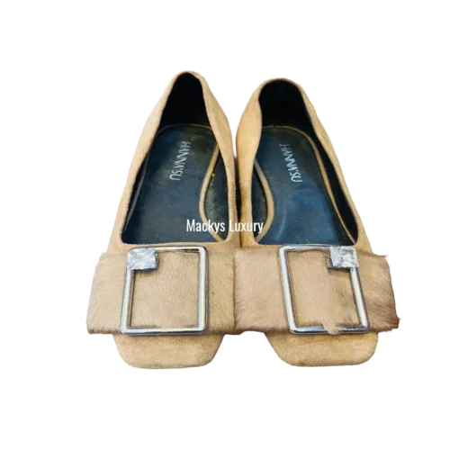 IMG_3130 Camel Suede Square-Toe Flats with Statement Buckle