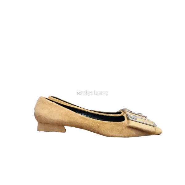 IMG_3131 Camel Suede Square-Toe Flats with Statement Buckle