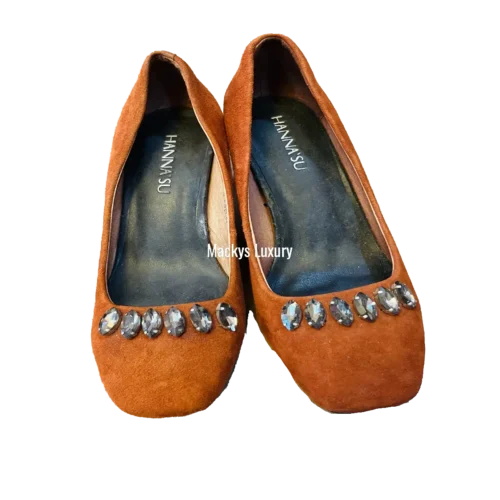 IMG_3161 Cognac Suede Square-Toe Flats with Crystal Embellishments