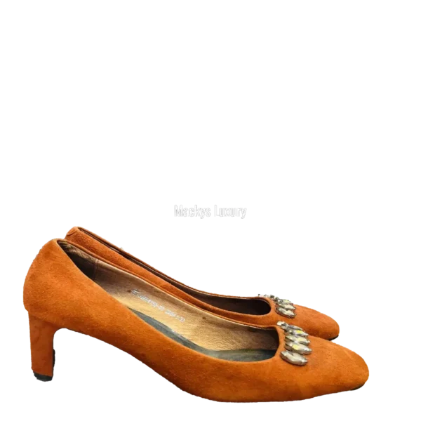 IMG_3163 Cognac Suede Square-Toe Flats with Crystal Embellishments