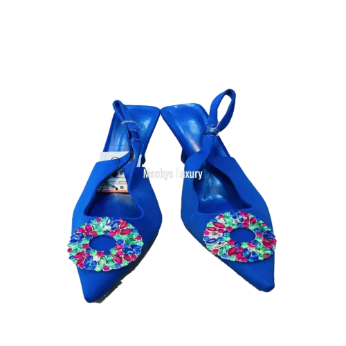 IMG_3192 Satin Pointed-Toe Slingback Heels with Multicolour Jewel Brooch