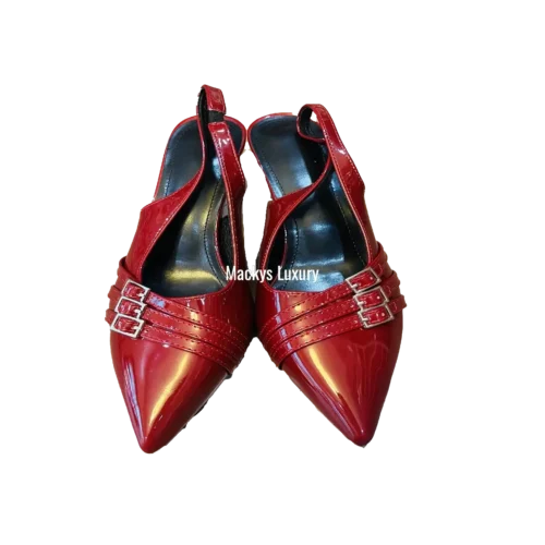 IMG_3261 Patent Pointed-Toe Slingback Heels with Triple Buckle Straps