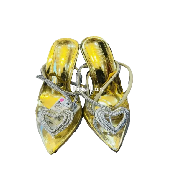 Metallic Pointed-Toe Heels with Crystal Heart Cutout