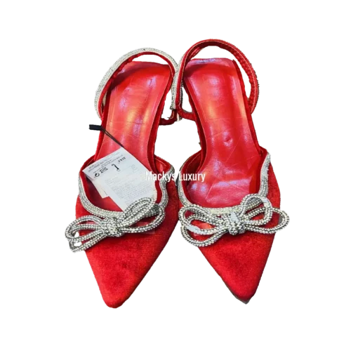 Velvet Pointed-Toe Slingback Heels with Crystal Bow